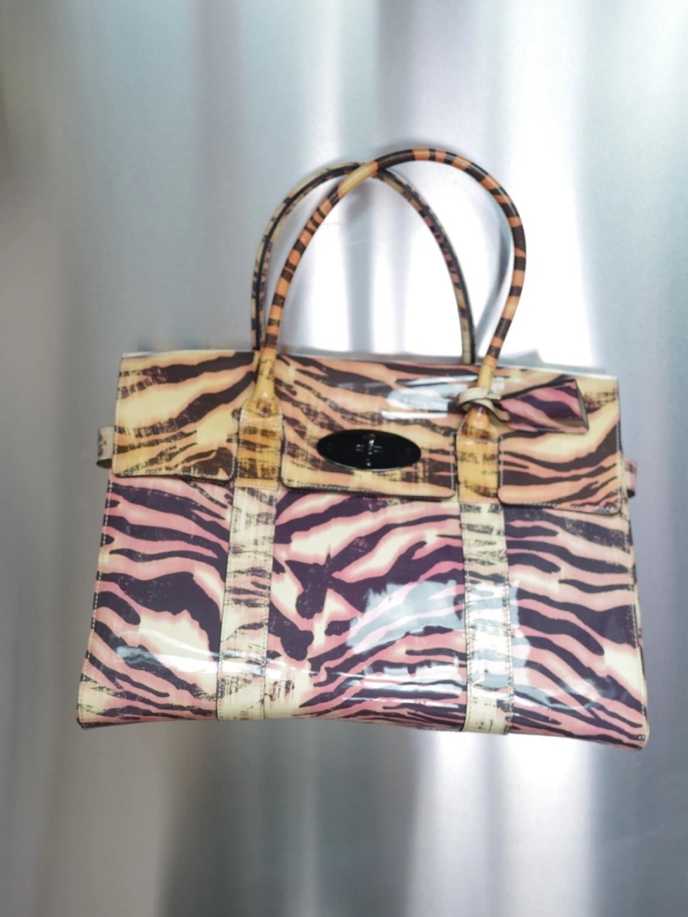 Mulberry Pink and Cream Zebra-Print Patent Tote
